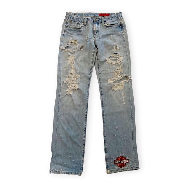 Vigoss Super Distressed Trashed Jeans With Custom Harley Davidson Embroidery - Picture 1 of 12
